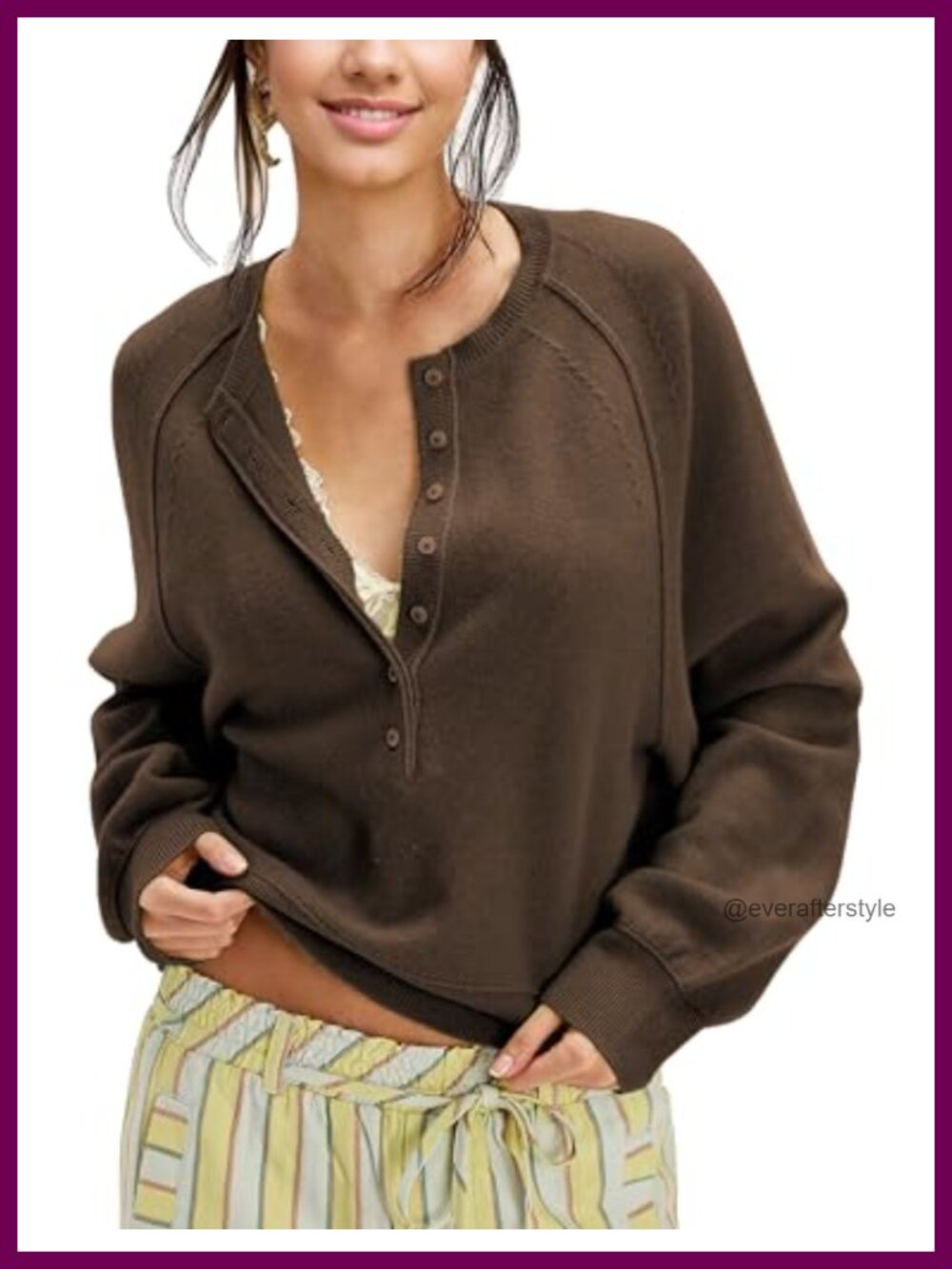Women's Half Button Henley Neck Knit Pullover Sweater Long Sleeve Slouchy